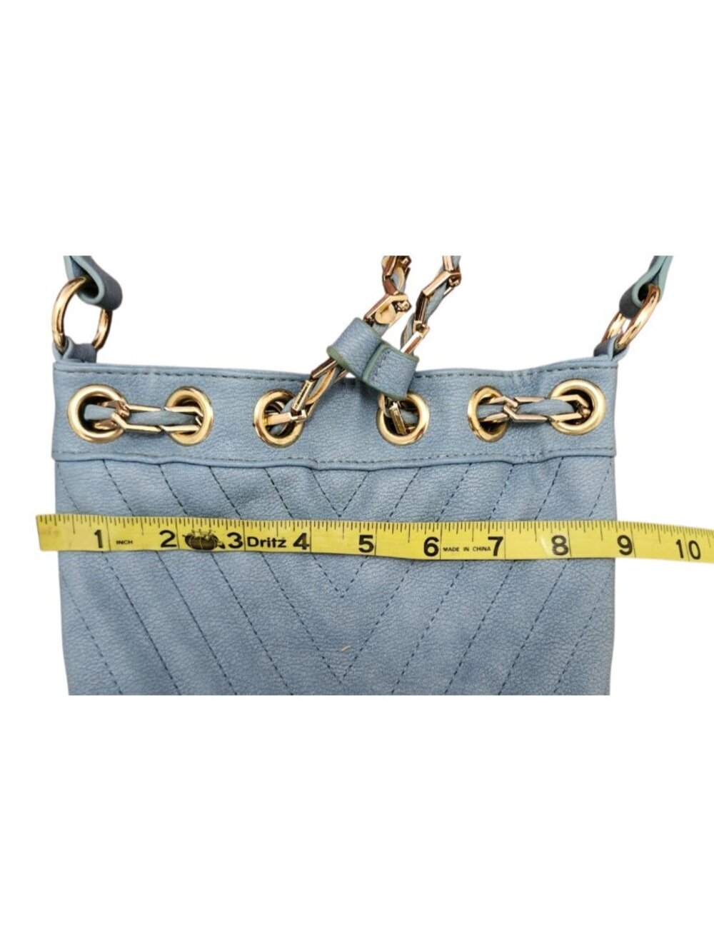Free People Blue Faux Leather Mini Bucket Bag Gold Chain Drawstring Crossbody - Picture 11 of 14